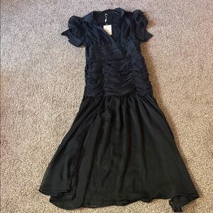 Black Ruched Midi Dress with V-Neckline